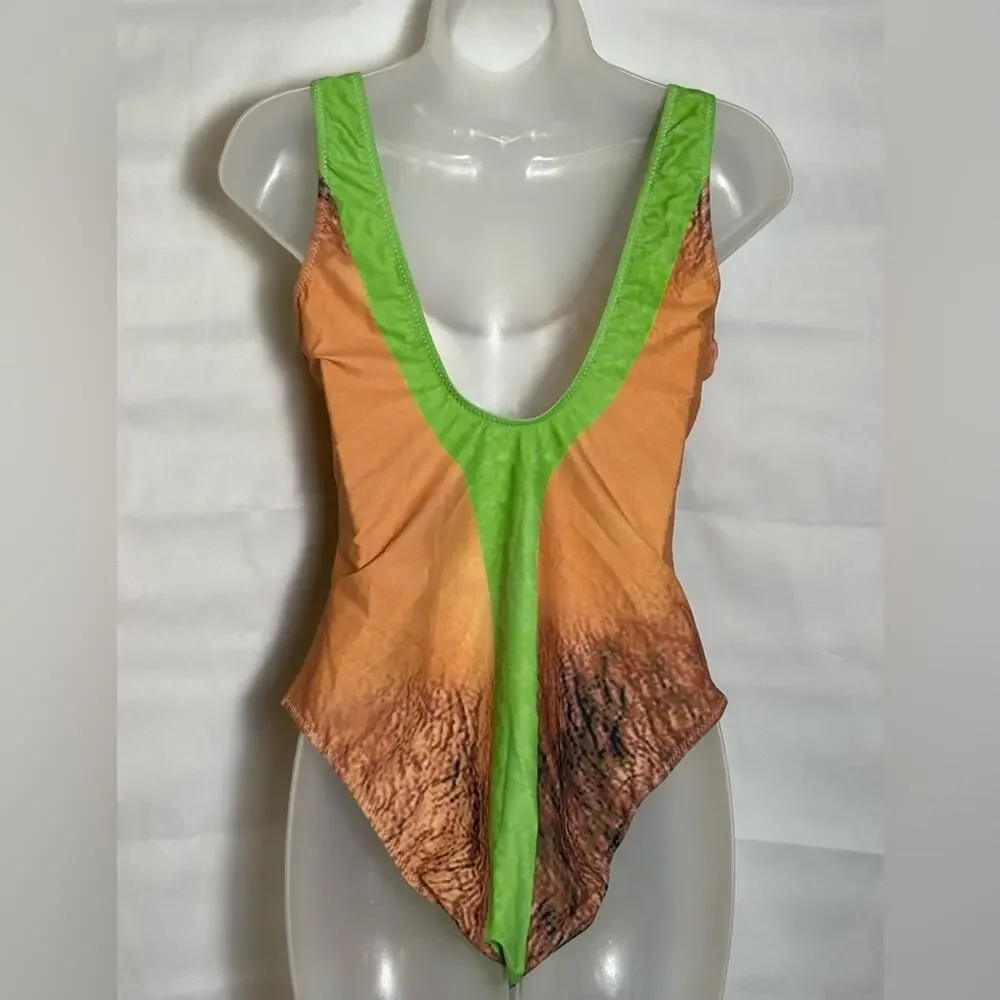 Neon Green Tan Abstract Print One Piece Swim- M
